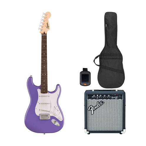 Squier Sonic Stratocaster Electric Guitar Bundle w/White Pickguard, Laurel FB, Ultraviolet (VN Exclusive)