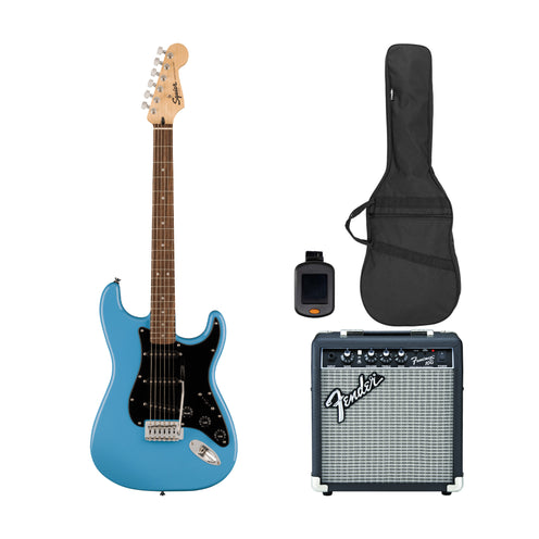 Squier Sonic Stratocaster Electric Guitar Bundle w/Black Pickguard, Laurel FB, California Blue (VN Exclusive)