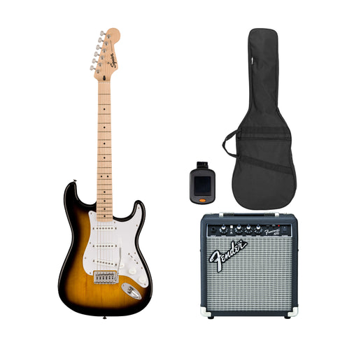 Squier Sonic Stratocaster Electric Guitar Bundle w/White Pickguard, Maple FB, 2-Color Sunburst (VN Exclusive)