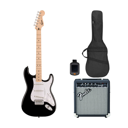 Squier Sonic Stratocaster Electric Guitar Bundle w/White Pickguard, Maple FB, Black (VN Exclusive)