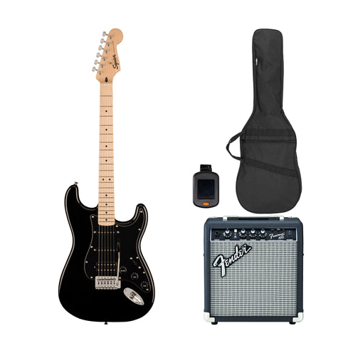 Squier Sonic Stratocaster HSS Electric Guitar Bundle w/Black Pickguard, Maple FB, Black (VN Exclusive)