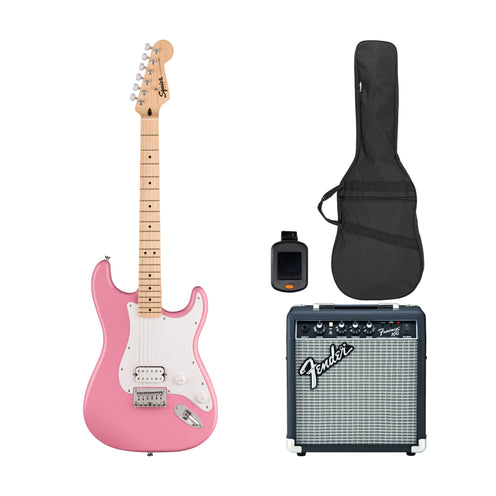 Squier Sonic Stratocaster HT H Electric Guitar Bundle w/White Pickguard, Maple FB, Flash Pink (VN Exclusive)
