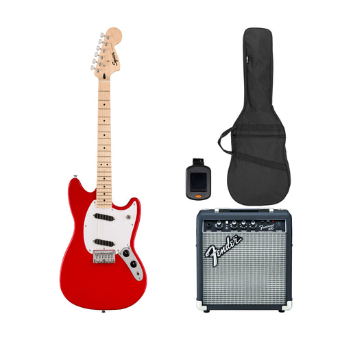Squier Sonic Mustang Electric Guitar Bundle w/White Pickguard, Maple FB, Torino Red (VN Exclusive)
