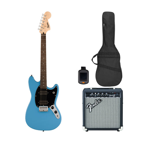 Squier Sonic Mustang HH Electric Guitar Bundle w/Black Pickguard, Laurel FB, California Blue (VN Exclusive)