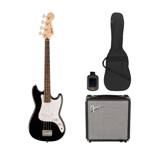 Squier Sonic Bronco Bass Guitar Bundle w/White Pickguard, Laurel FB, Black (VN Exclusive)