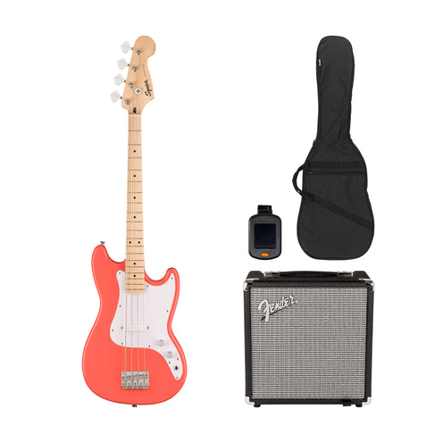 Squier Sonic Bronco Bass Guitar Bundle w/White Pickguard, Maple FB, Tahitian Coral (VN Exclusive)