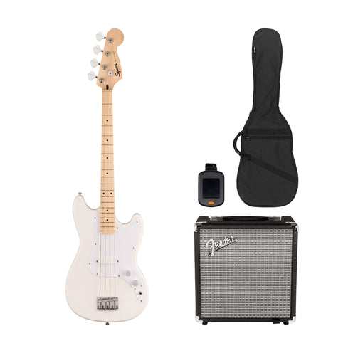 Squier Sonic Bronco Bass Guitar Bundle w/White Pickguard, Maple FB, Arctic White (VN Exclusive)