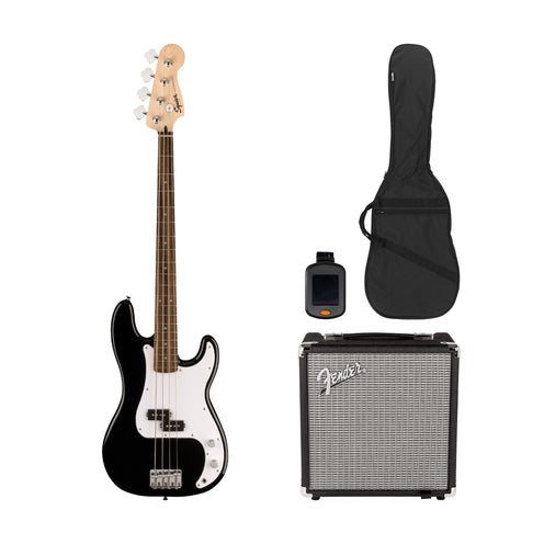 Squier Sonic Precision Bass Guitar Bundle w/White Pickguard, Laurel FB, Black (VN Exclusive)