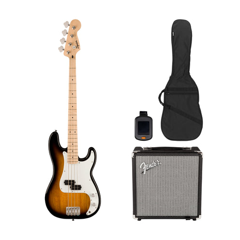 Squier Sonic Precision Bass Guitar Bundle w/White Pickguard, Maple FB, 2-Color Sunburst (VN Exclusive)