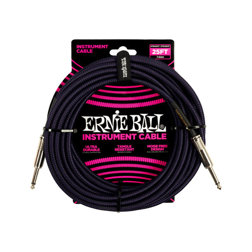 Ernie Ball 25FT Braided Straight to Straight Instrument Cable, Purple Black