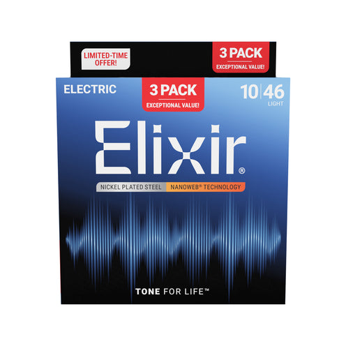 Elixir 16567 Nanoweb Electric Guitar Strings, Light, 10-46, 3-Pack