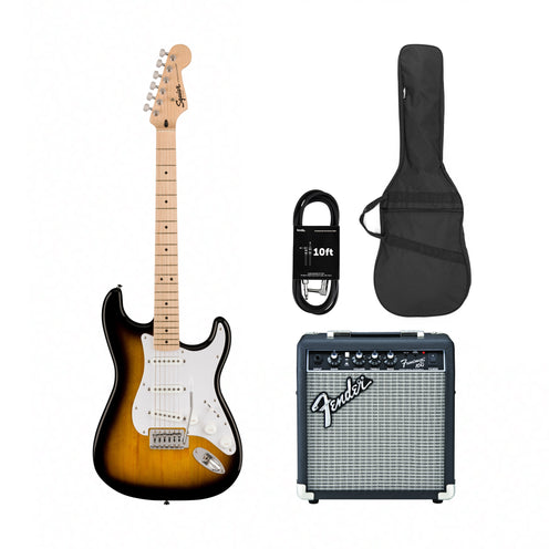 Squier Sonic Stratocaster Electric Guitar w/White Pickguard, Maple FB, 2-Color Sunburst w/ Fender Frontman 10G Bundle