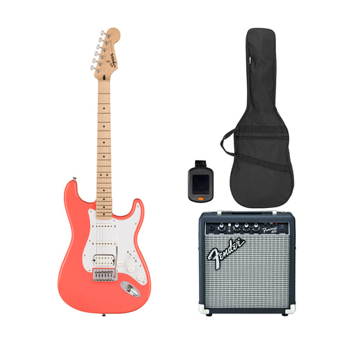 Squier Sonic Stratocaster HSS Electric Guitar Bundle w/White Pickguard, Maple FB, Tahitian Coral (VN Exclusive)