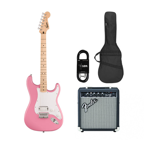 Squier Sonic Stratocaster HT H Electric Guitar w/White Pickguard, Maple FB, Flash Pink w/ Fender Frontman 10G Bundle