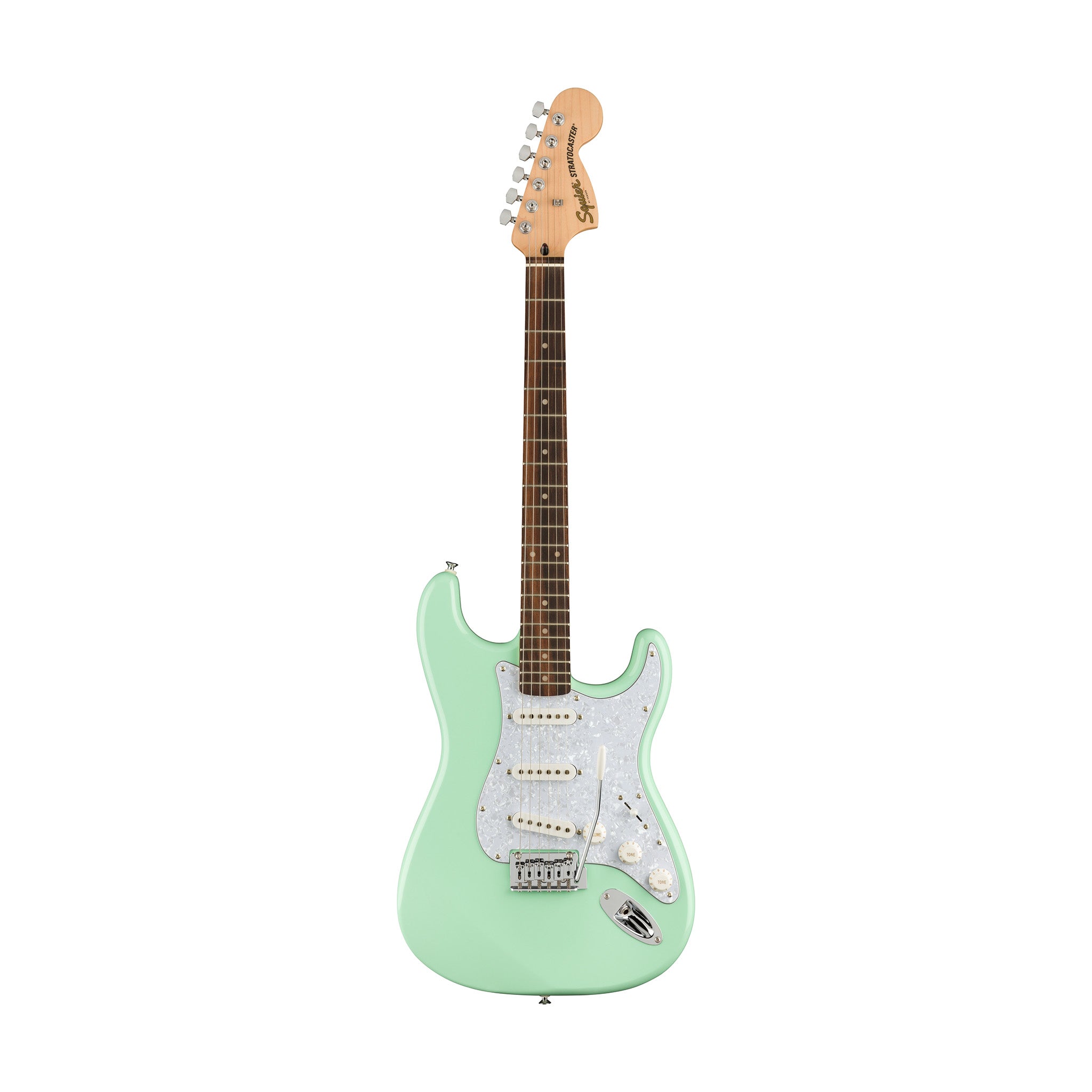 Squier FSR Affinity Series Stratocaster Guitar w/White Pearloid Pickguard, Laurel FB, Surf Green