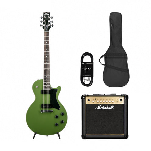 Heritage Ascent+ Collection H-137 Electric Guitar, Olive Drab w/ Marshall MG15GR Bundle