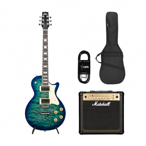 Heritage Ascent+ Collection H-150 Electric Guitar, Lake Blue Burst w/ Marshall MG15GR Bundle