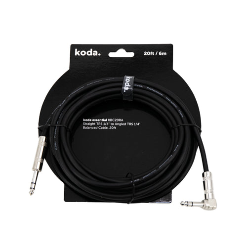 koda essential KBC20RA Straight TRS 1/4 inch to Angled TRS 1/4 inch Balanced Cable, 20ft