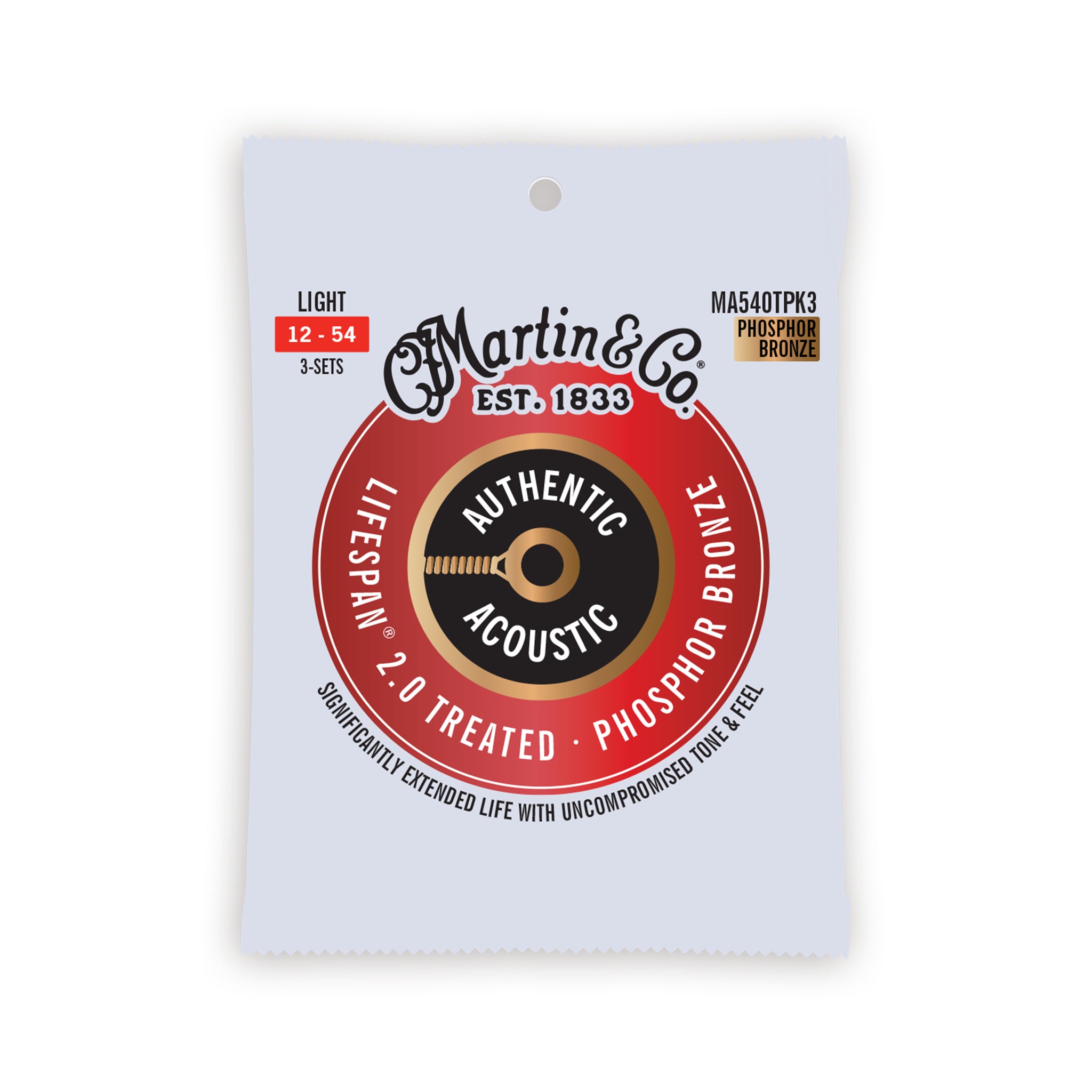 Martin MA540TPK3 Authentic Acoustic Lifespan 2.0 Phosphor Bronze Acoustic Guitar Strings, Light, 12-54, 3-Pack