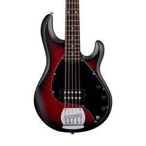 Sterling S.U.B Series RAY5 5-String Electric Bass Guitar, Jatoba FB, Ruby Red Burst Satin (ST-RAY5-RRBS-J1)