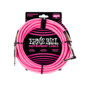 Ernie Ball 25ft Braided Straight to Angle Instrument Cable, Neon Pink