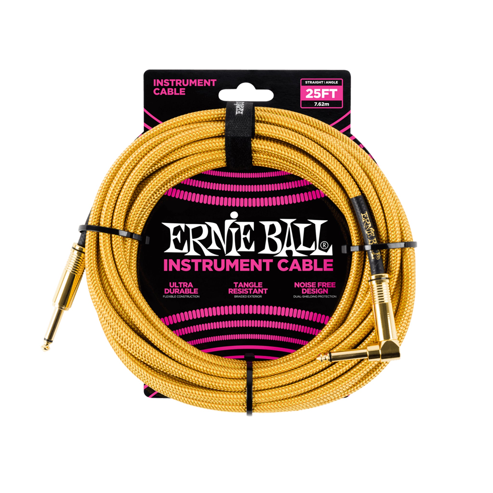Ernie Ball 25FT Braided Straight to Angle Instrument Cable, Gold