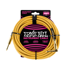 Ernie Ball 25FT Braided Straight to Angle Instrument Cable, Gold