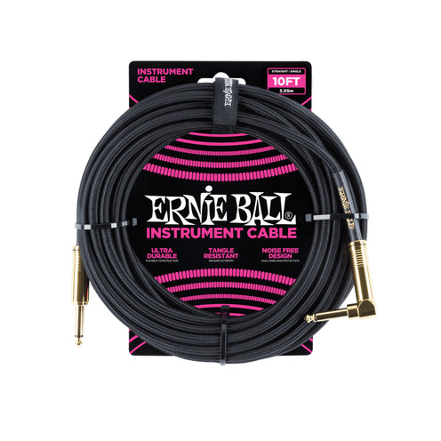 Ernie Ball 10ft Braided Straight to Angle Instrument Cable, Black