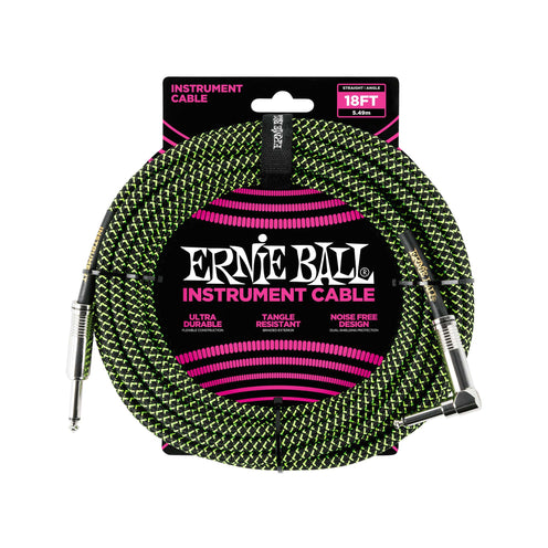 Ernie Ball 18FT Braided Straight to Angle Instrument Cable, Black/Green