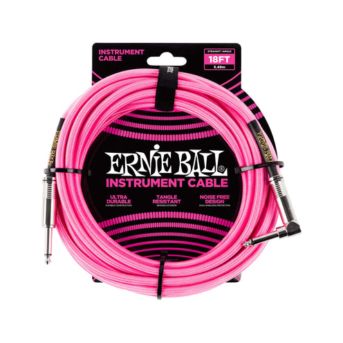 Ernie Ball 18ft Braided Straight to Angle Instrument Cable, Neon Pink