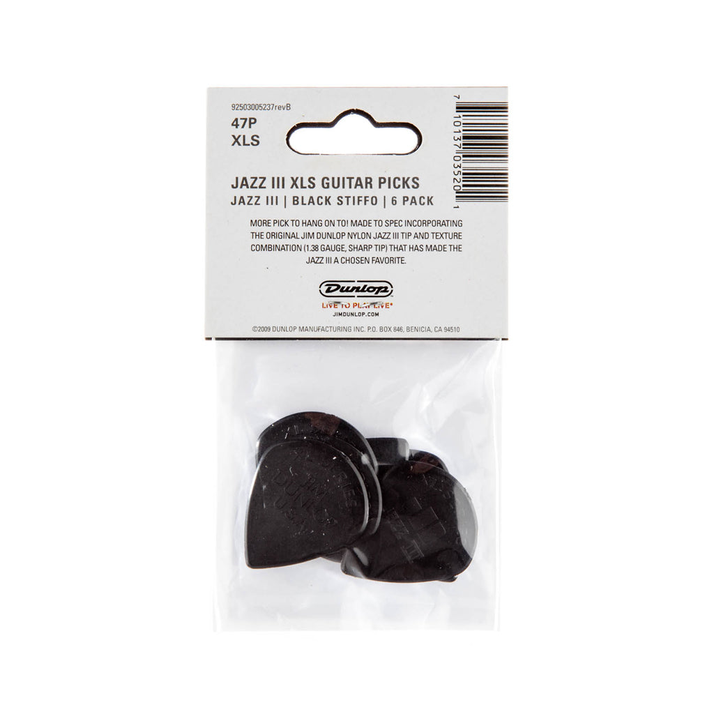 Jim Dunlop 47PXLS Nylon Jazz III XL Guitar Picks, Black